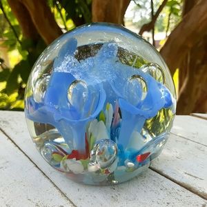 Vintage Glass Murano Blue Trumpet Flower Milifori Paperweight